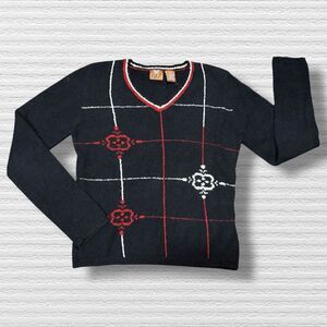 Vtg 80s Retro Cloud Sweater L Black Red White Knit Preppy Grunge Hong Kong